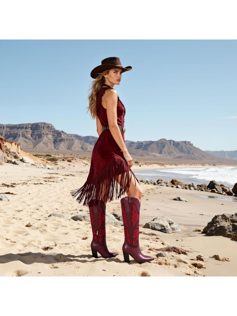 Women's Burgundy Rubber Pointed Toe Chunky Butterfly Wide Calf Knee High Boots - Picture 3 of 7